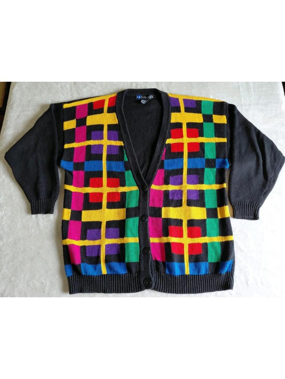Vtg Cardigan Sweater Mens Large 90s Colorful Bright I.B. Diffusion Knit